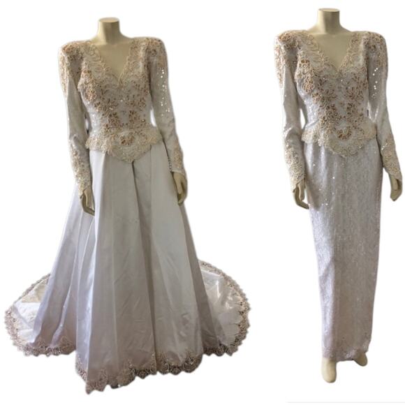 American Vintage Dresses & Skirts - Vintage wedding sequenced dress with detachable skirt & train Ivory gold medium